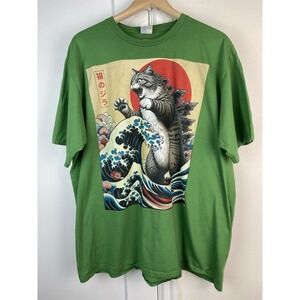 Port & Co Ring Spun Fan Favorite 2XL Green Japanese Art Godzilla Cat T-Shirt